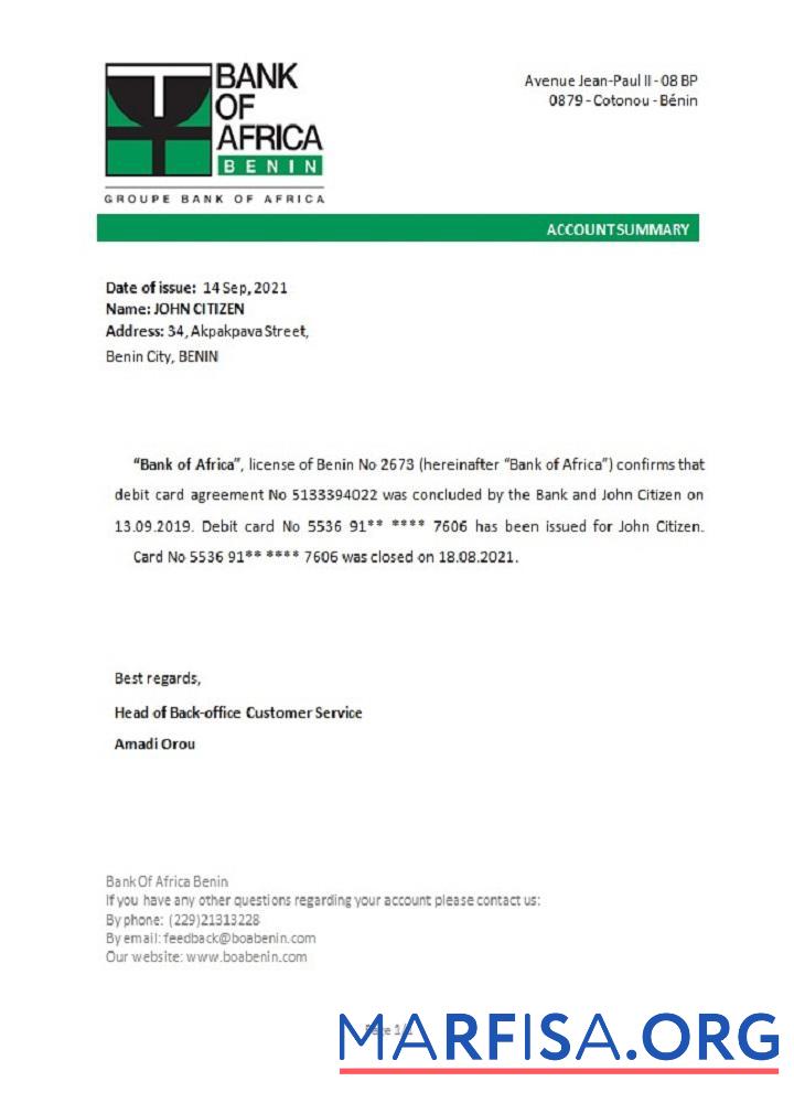 Realistic Benin BankofAfrica closure reference download for verification